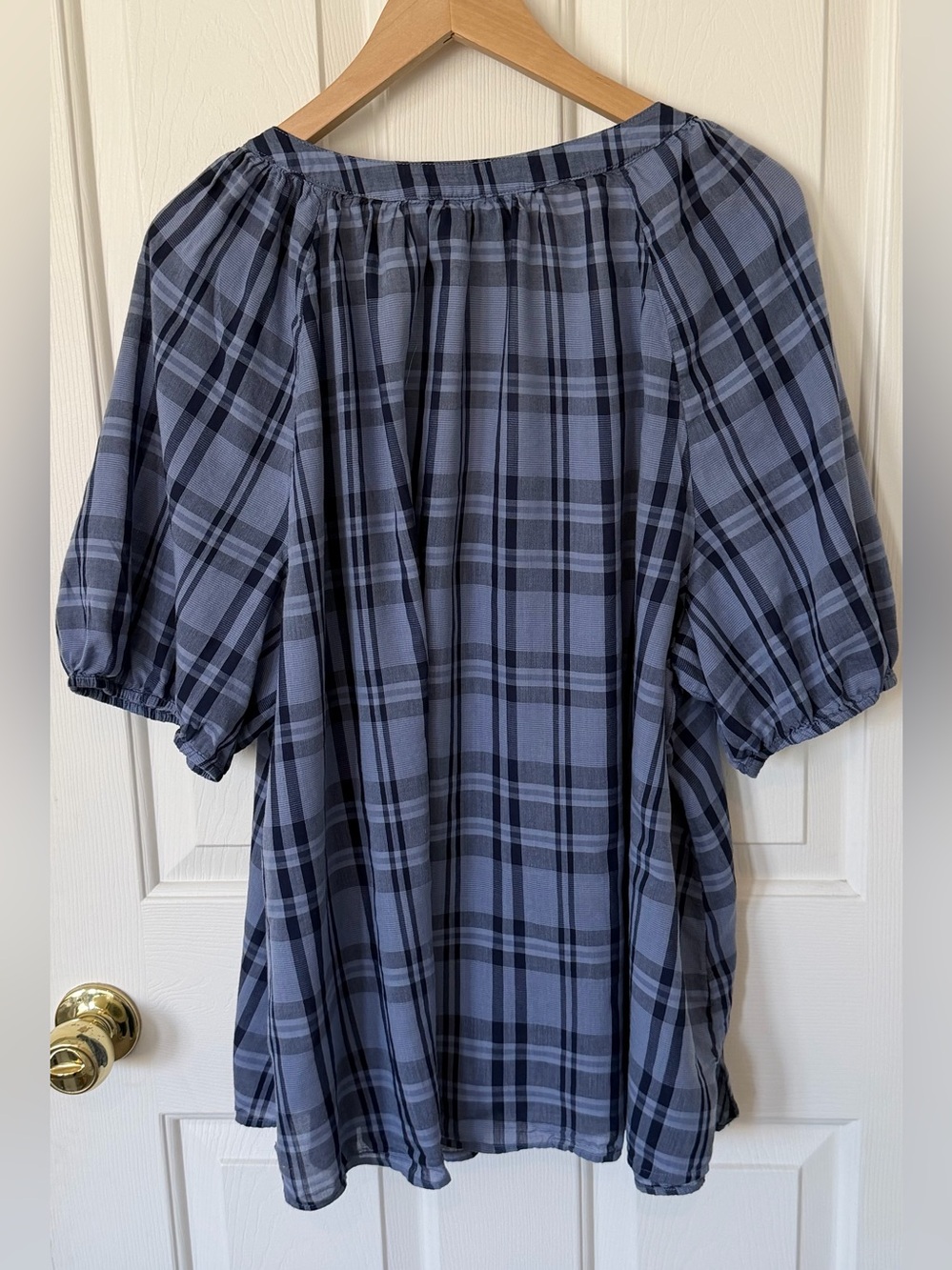 Lane Bryant Blue and Black Plaid Button-Front Peasant Blouse - Picture 2 of 7